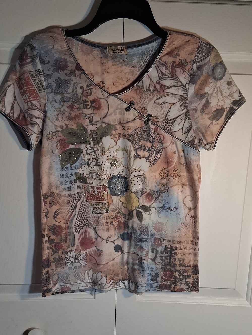One World Pastel Floral & Script Short Sleeve Tee - Pink, Blue, Green